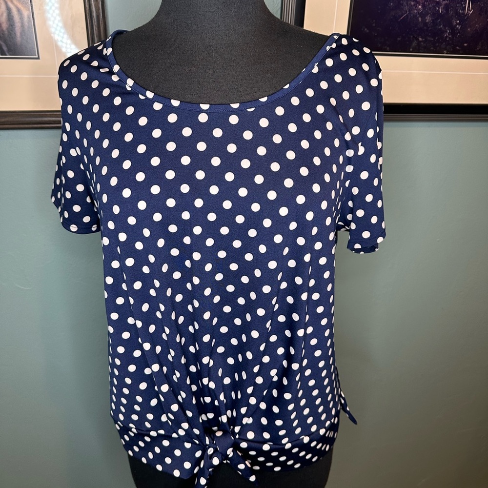Late AugustPolka Dot Navy Blue Front Tie Women's Top Size Large